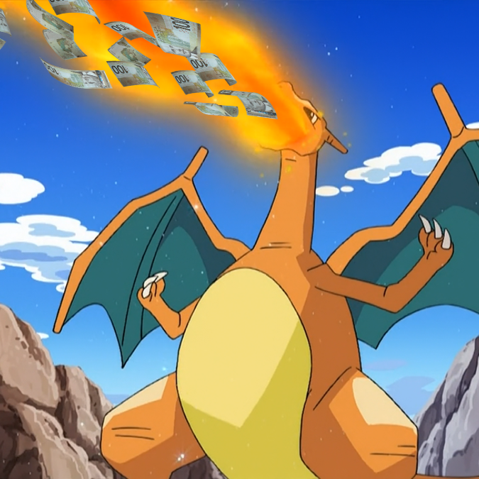 Charizard breathing fire and money