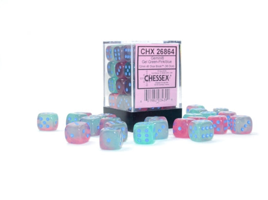 Gemini 36-Piece Dice Set Gel Green-Pink with Blue - Pastime Sports & Games