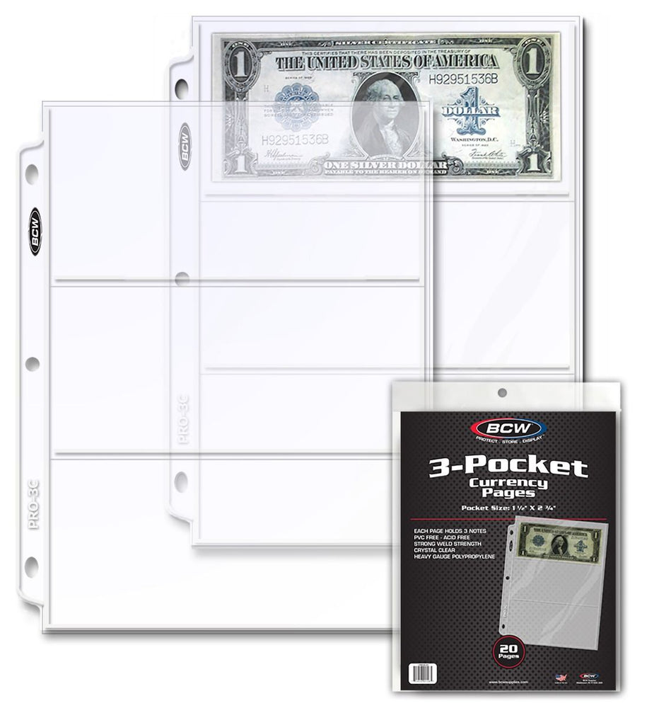 BCW 3-Pocket Currency Pages 20 Pack
