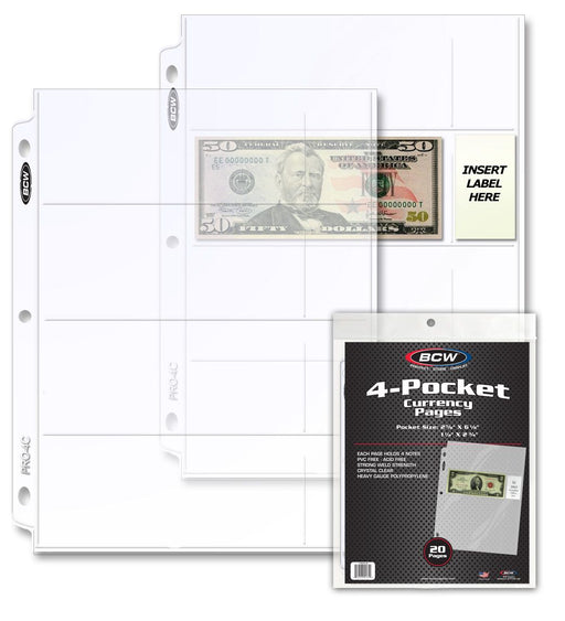 BCW 4-Pocket Currency Pages 20 Pack