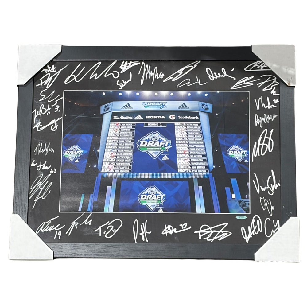 2019 NHL Draft Autographed 1st Round Framed Photo (Hughes, Zegras, Caufield)