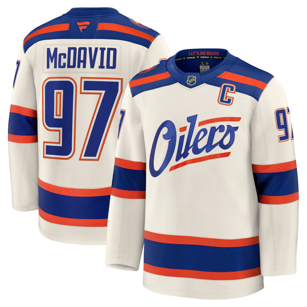 Connor McDavid Edmonton Oilers 2025 Light Beige Alternate Premium Hockey Jersey