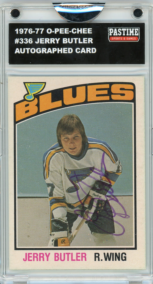 Jerry Butler #336 1976/77 O-Pee-Chee Hockey Autographed Card Encased in Magpro