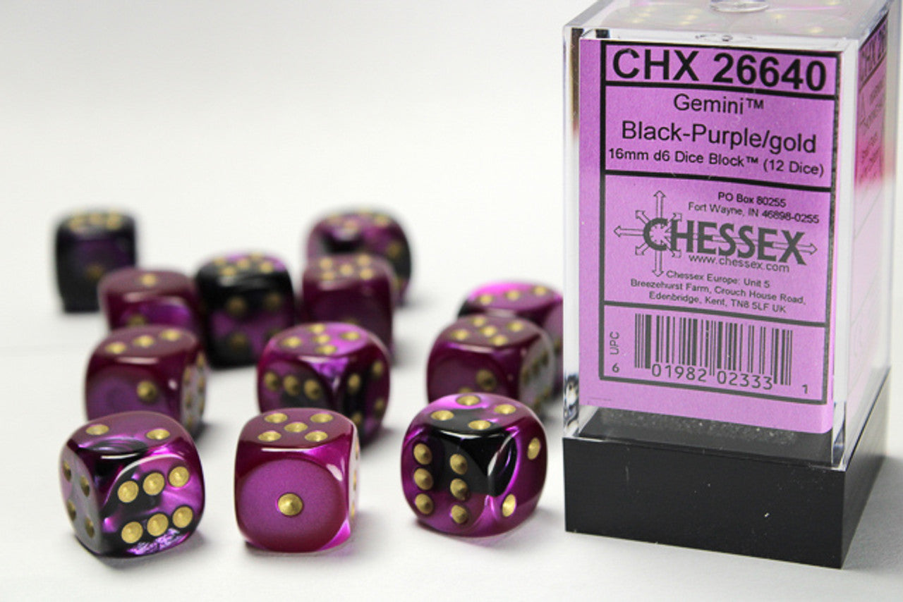 Gemini 12-Piece Dice Set Black-Purple with Gold - Pastime Sports & Games