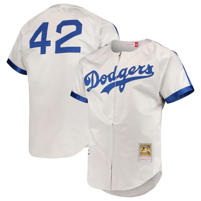 Brooklyn Dodgers Jackie Robinson Zip-Up White Baseball Jersey - Pastime Sports & Games