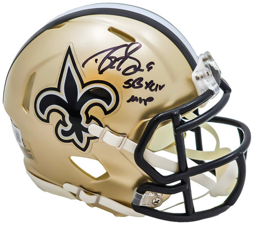 Drew Brees Autographed New Orleans Saints Mini Speed Helmet (Inscribed "SB LVIX MVP")