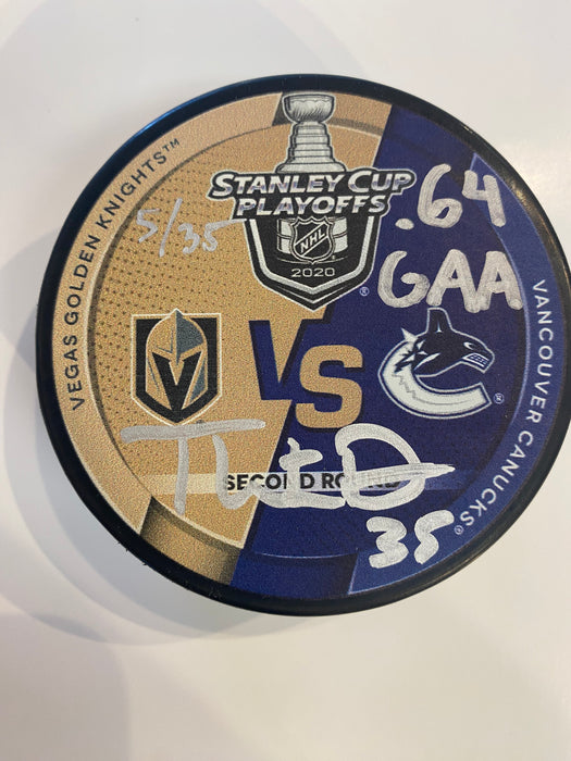Thatcher Demko Autographed & Inscribed 1st Playoff Hockey Puck SALE! - Pastime Sports & Games