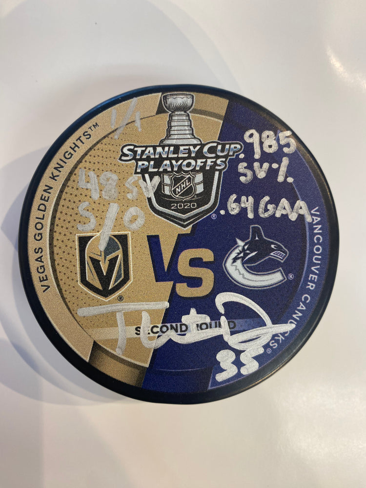 Thatcher Demko Autographed & Inscribed 1st Playoff Hockey Puck SALE! - Pastime Sports & Games