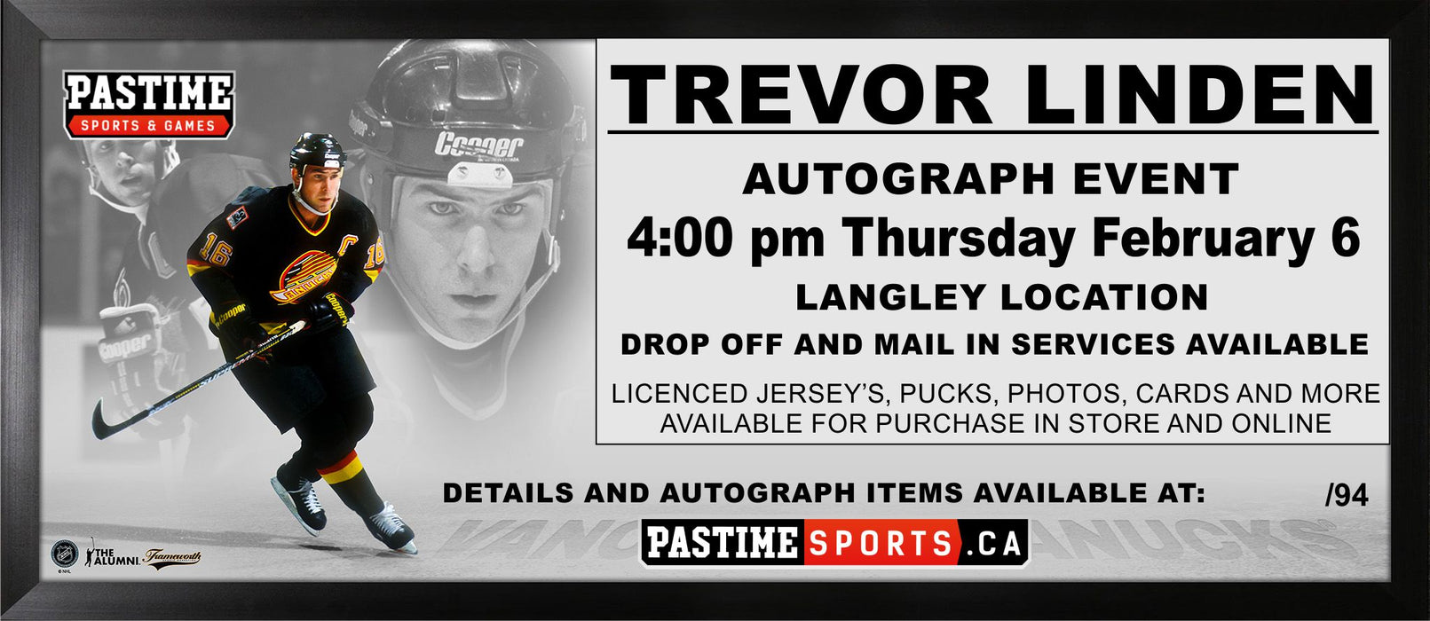 Trevor Linden Autograph Event Feb 6 2025 VIP Items and Drop Off Service