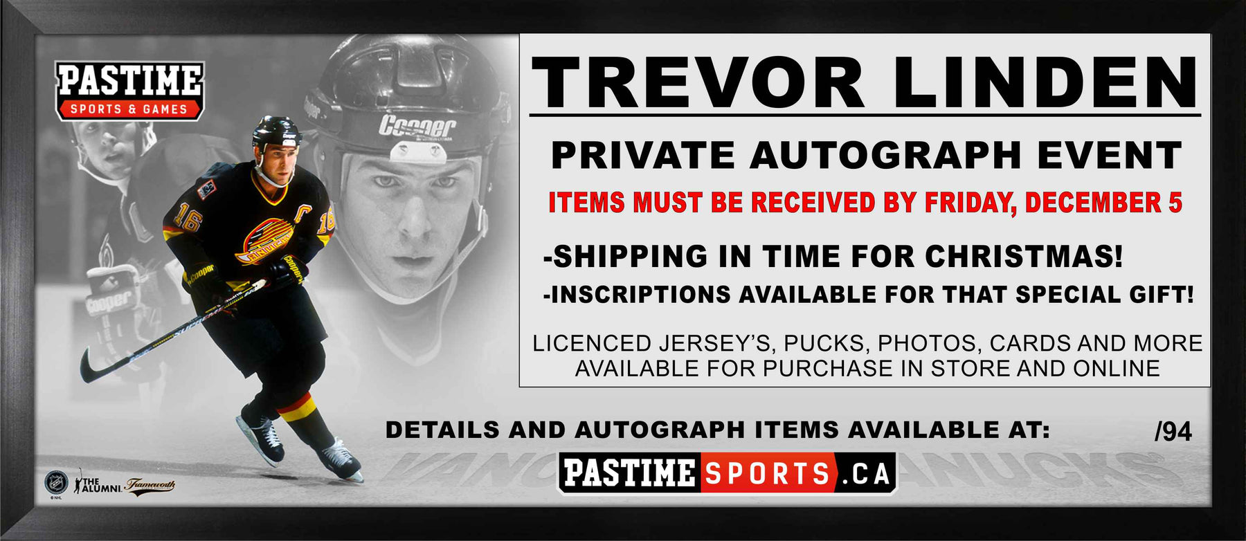 Trevor Linden PRIVATE Autograph Event Dec 5 2025 - Pastime Sports & Games