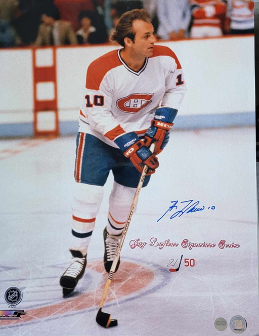 Guy Lafleur Autographed Photo Montreal Canadians Away Jersey Handling Puck (Signature Series # out of 50) - Pastime Sports & Games