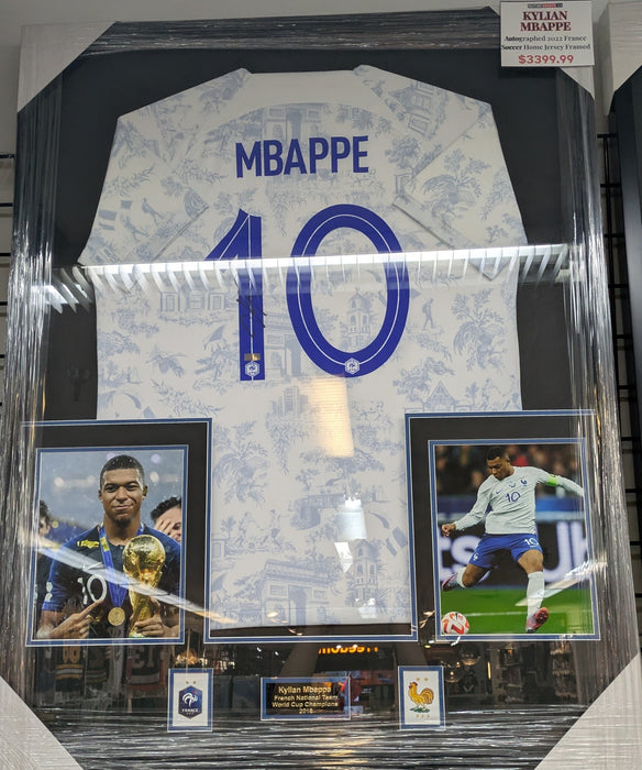 Kylian Mbappe Autographed 2022 France Soccer Home Jersey Framed - Pastime Sports & Games