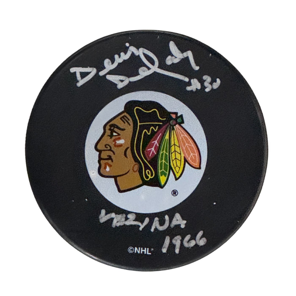 Denis DeJordy Autographed Chicago Blackhawks Hockey Puck (Small Logo) - Pastime Sports & Games
