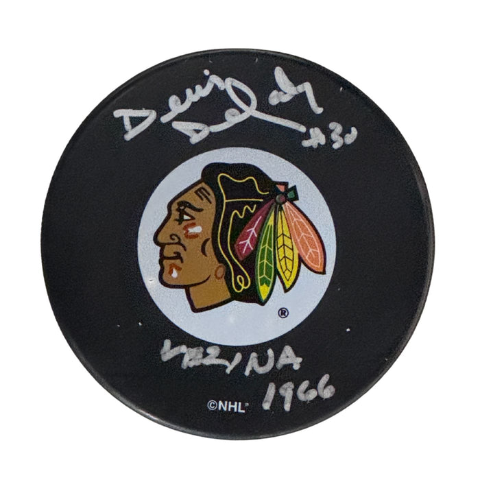 Denis DeJordy Autographed Chicago Blackhawks Hockey Puck (Small Logo) - Pastime Sports & Games