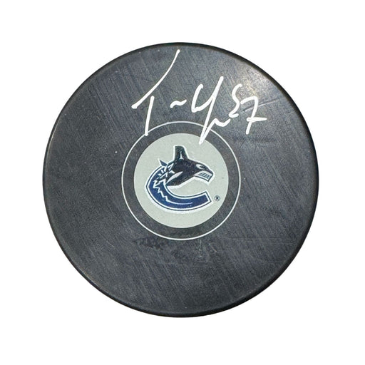 Tyler Myers Autographed Vancouver Canucks Hockey Puck (Small Orca Logo)