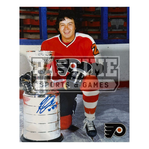 Reggie Leach Autographed Philadelphia Flyers Photo (Kneeling Beside Stanley Cup) - Pastime Sports & Games