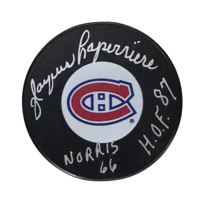 Jacques Laperriere Autographed Montreal Canadiens Hockey Puck (Small Logo) - Pastime Sports & Games