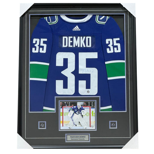 Thatcher Demko Autographed Vancouver Canucks Framed Jersey (In Position) - Pastime Sports & Games