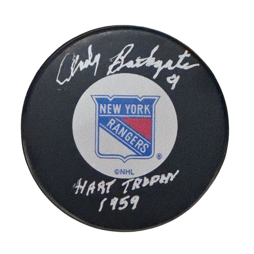 Andy Bathgate Autographed New York Rangers Hockey Puck (Small Logo) - Pastime Sports & Games