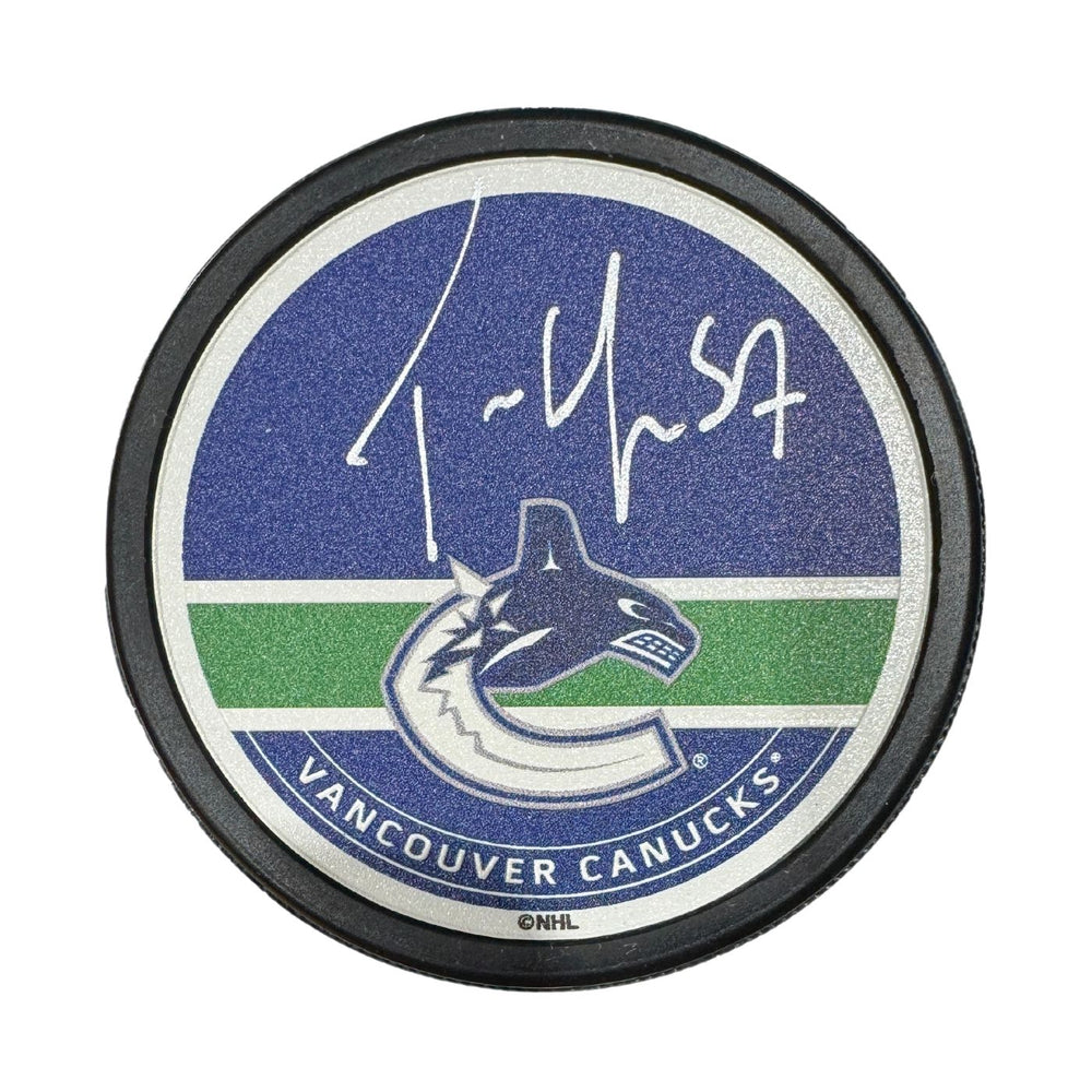 Tylers Myers Autographed Vancouver Canucks Orca Hockey Puck (Textured Mustang Autograph Puck)