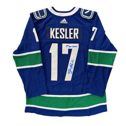 Vancouver Canucks Ryan Kesler With An A Custom Stitched Blue Jersey (Inscribed "1st Hat Trick"))