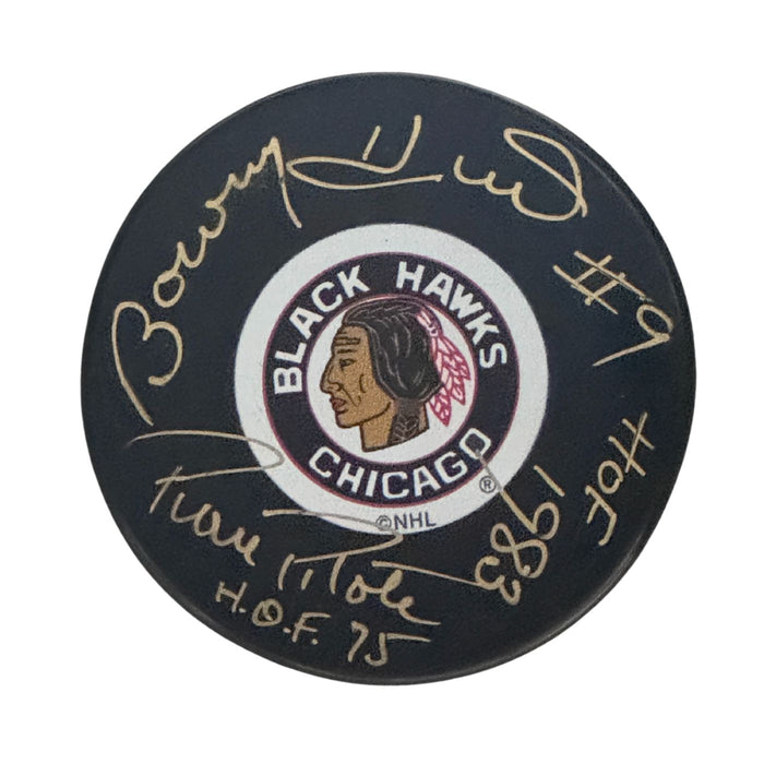 Bobby Hull & Pierre Pilote Autographed Chicago Blackhawks Hockey Puck - Pastime Sports & Games