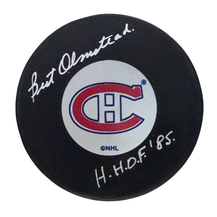 Bert Olmstead Autographed Montreal Canadiens Hockey Puck (Small Logo) - Pastime Sports & Games