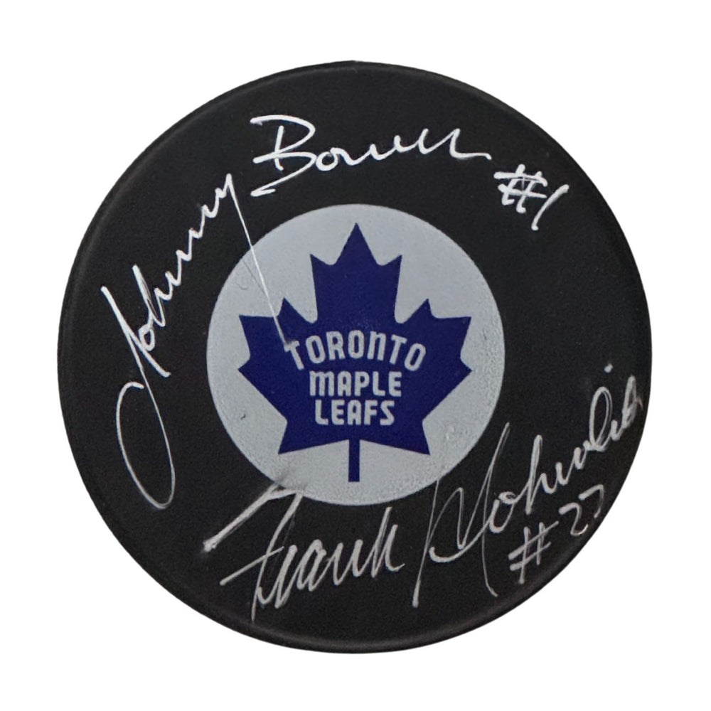 Johnny Bower & Frank Mahovolich Autographed Toronto Maple Leads Puck (Small Logo) - Pastime Sports & Games