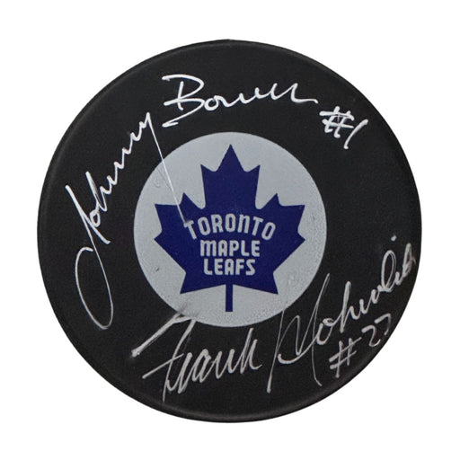 Johnny Bower & Frank Mahovolich Autographed Toronto Maple Leads Puck (Small Logo) - Pastime Sports & Games