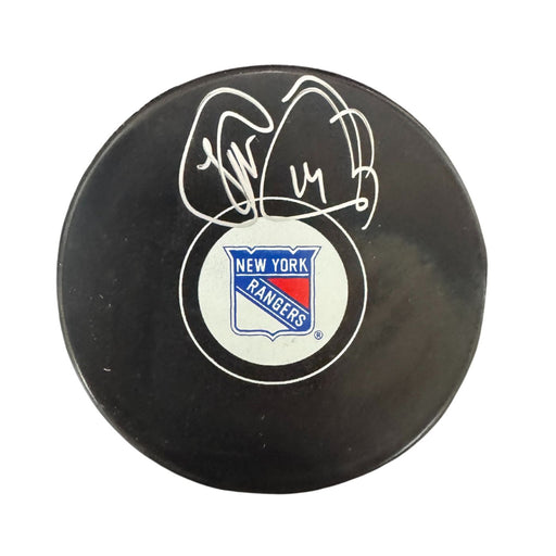 Theoren Fleury Autographed New York Rangers Hockey Puck (Inglasco Small Logo) - Pastime Sports & Games