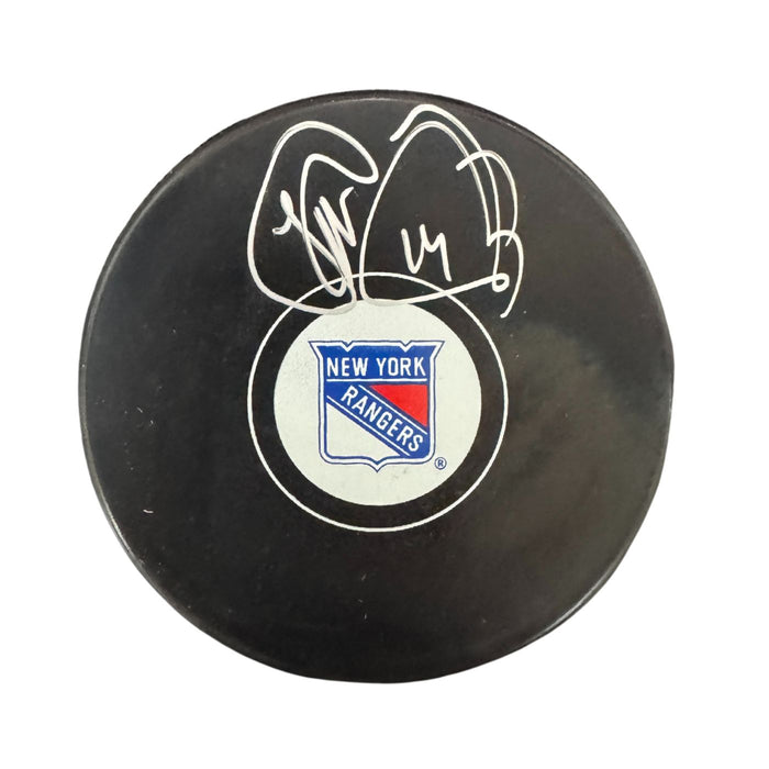 Theoren Fleury Autographed New York Rangers Hockey Puck (Inglasco Small Logo) - Pastime Sports & Games