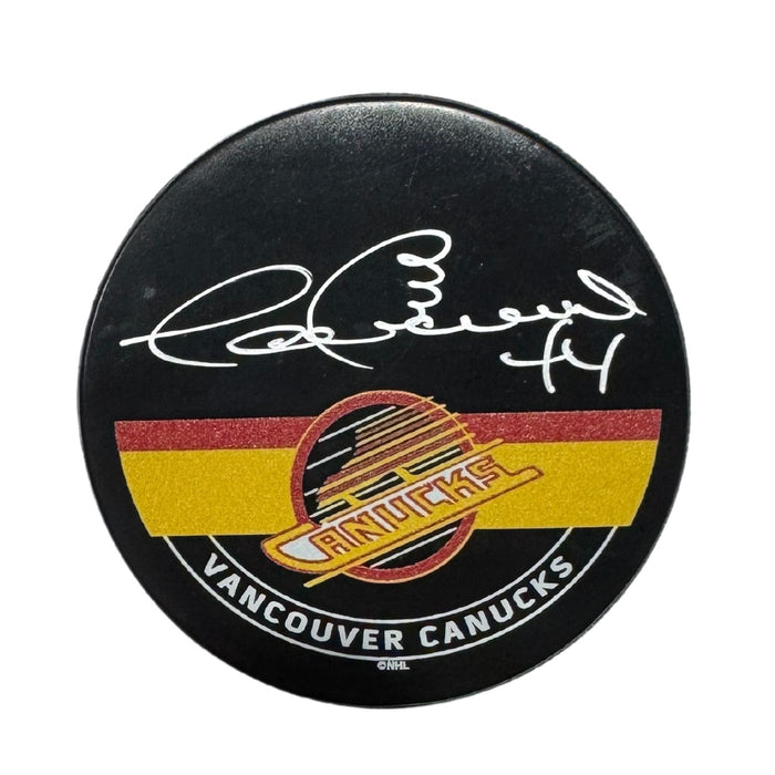 Dave Babych Autographed Vancouver Canucks Skate Hockey Puck (Printed Mustang Autograph Puck