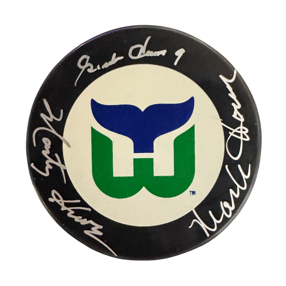 Gordie Howe, Marty Howe, & Mark Howe Autographed Hartford Whalers Hockey Puck (Full Logo) - Pastime Sports & Games
