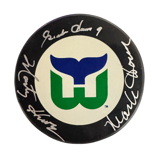 Gordie Howe, Marty Howe, & Mark Howe Autographed Hartford Whalers Hockey Puck (Full Logo)