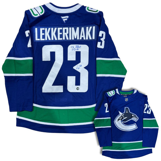 Jonathan Lekkerimaki Autographed Vancouver Canucks Fanatics Premium Hockey Jersey (Inscribed "NHL Debut 11·13·24")