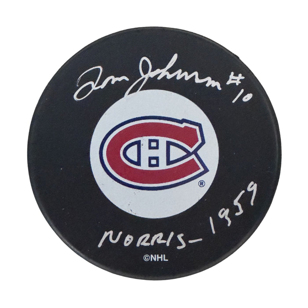 Tom Johnson Autographed Montreal Canadiens Hockey Puck (Small Logo) - Pastime Sports & Games
