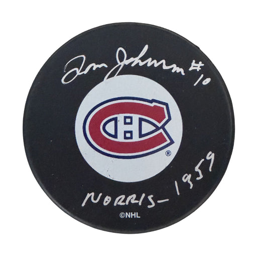 Tom Johnson Autographed Montreal Canadiens Hockey Puck (Small Logo) - Pastime Sports & Games