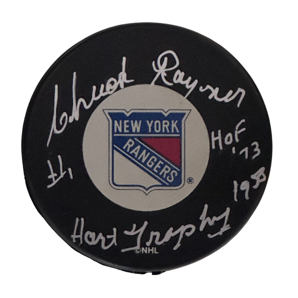 Chuck Rayner Autographed New York Rangers Hockey Puck (Small Logo) - Pastime Sports & Games