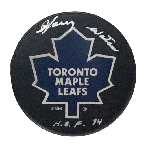 Harry Watson Autographed Toronto Maple Leafs Hockey Puck (Full Logo) - Pastime Sports & Games