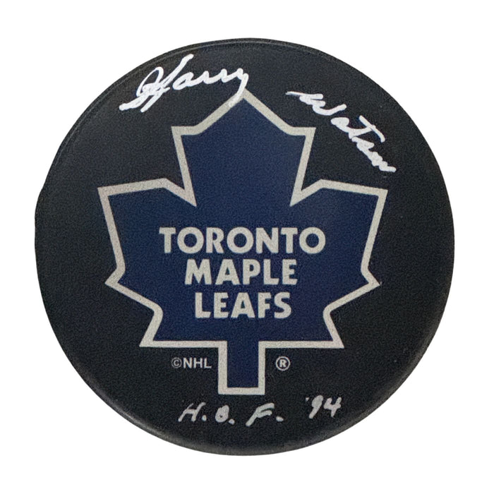 Harry Watson Autographed Toronto Maple Leafs Hockey Puck (Full Logo) - Pastime Sports & Games