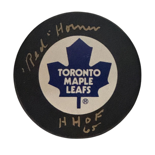 "Red" Horner Autographed Toronto Maple Leafs Hockey Puck (Logo Puck) - Pastime Sports & Games