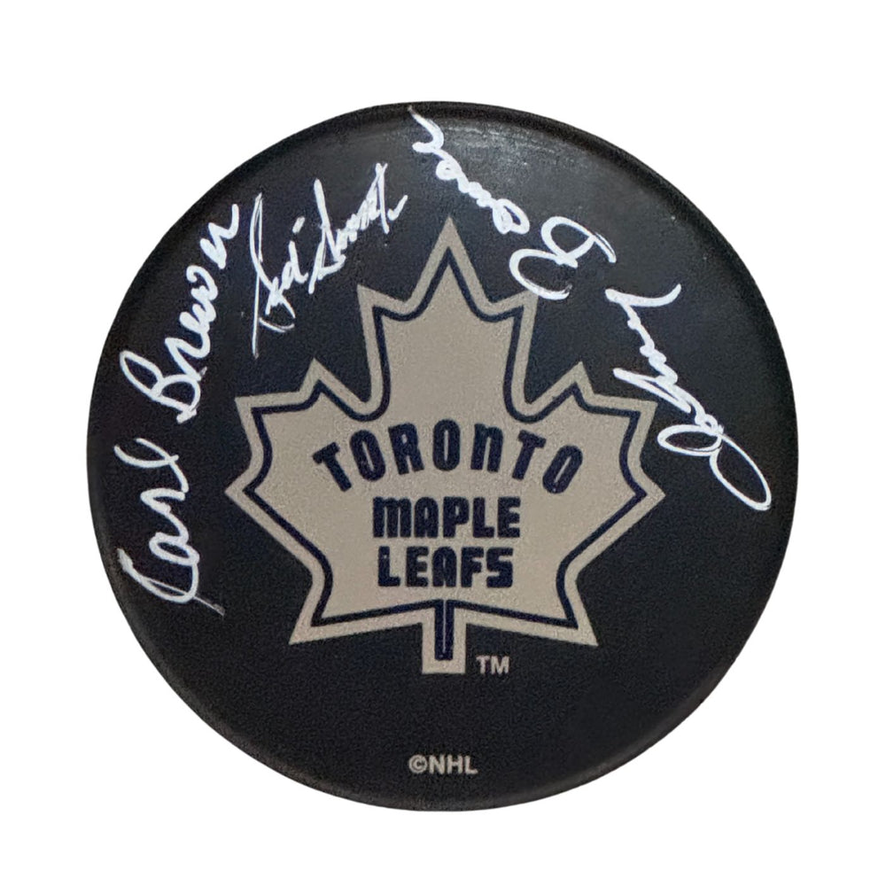 Carl Brewer, Sid Smith & Johnny Bower Autographed Toronto Maple Leafs Hockey Puck (Team Logo) - Pastime Sports & Games