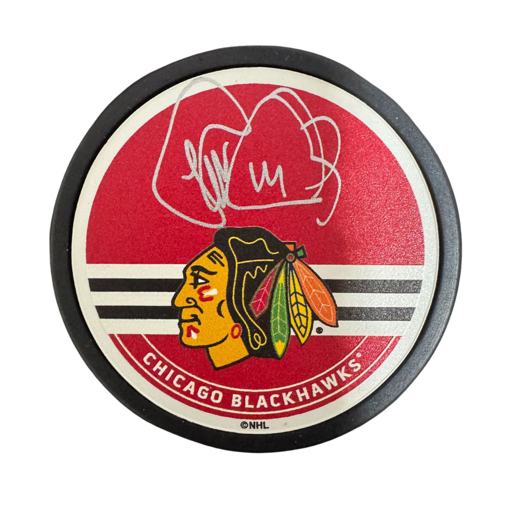 Theoren Fleury Autographed Chicago Blackhawks Hockey Puck (Mustang Textured) - Pastime Sports & Games