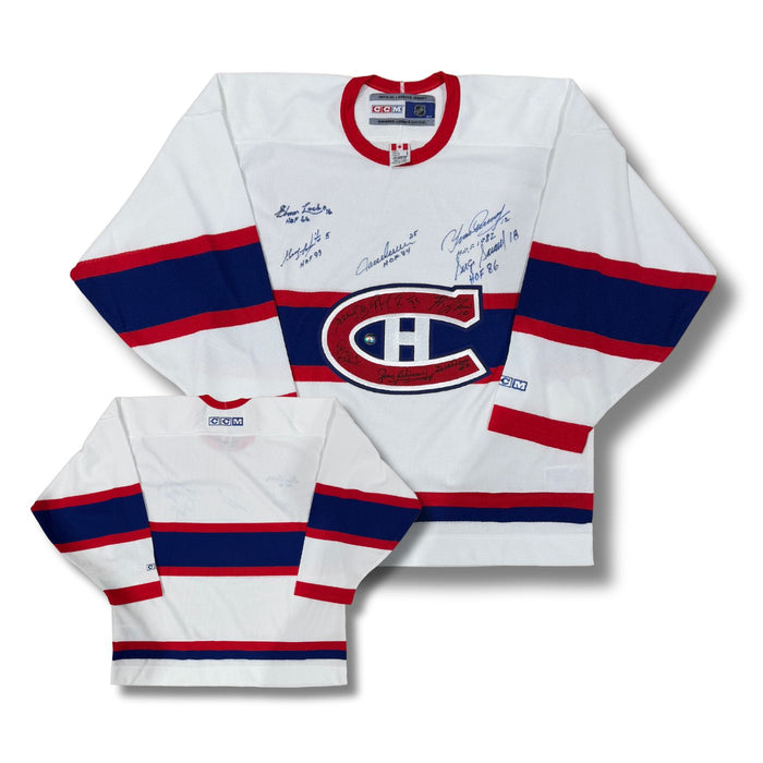 Elmer Lach, Guy Lapointe, Yvan Cournoyer, Serge Savard, Henri Richard, Guy Lafleur, Patrick Roy, Jean Béliveau, Dickie Moore, Larry Robinson, Jacques Lemaire,  Autographed CCM Montreal Canadiens Away Hockey Jersey