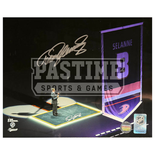 Teemu Selanne Autographed Anaheim Ducks Photo (With Ducks Banner) - Pastime Sports & Games