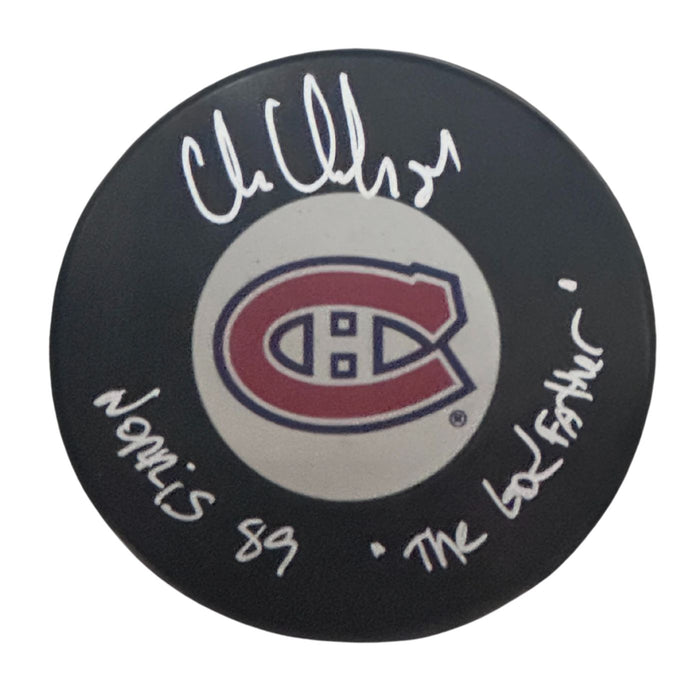 Chris Chelios Autographed Montreal Canadiens Puck (Small Logo) - Pastime Sports & Games