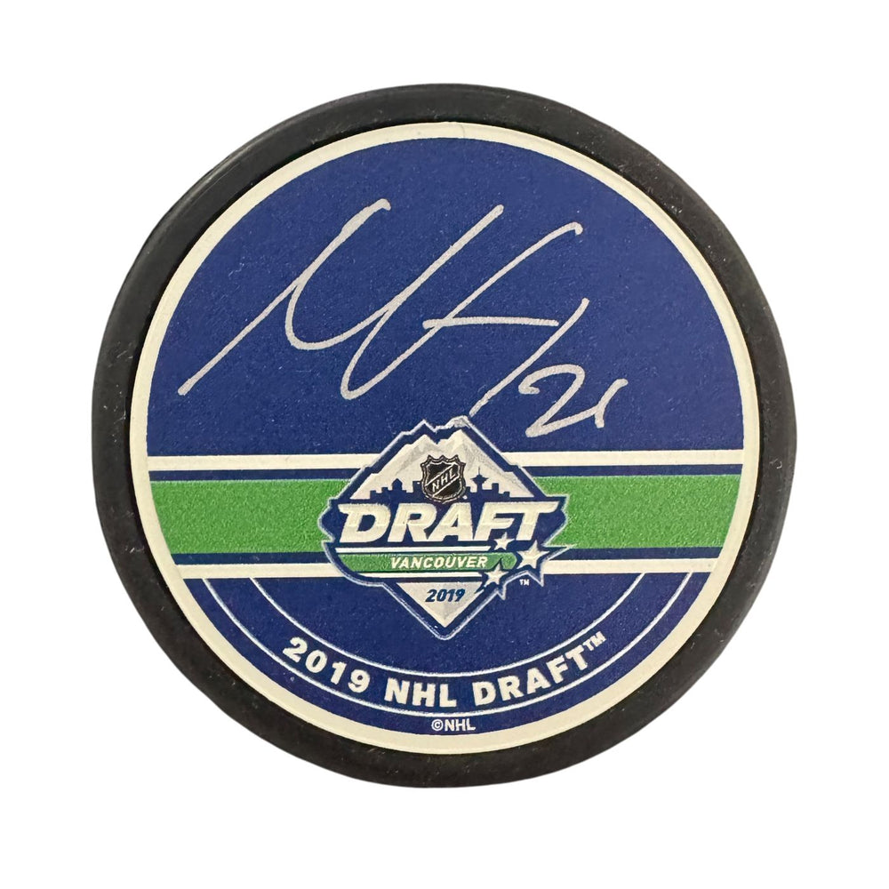 Nils Höglander Autographed Vancouver Canucks Orca Hockey Puck (Textured 2019 Draft) - Pastime Sports & Games