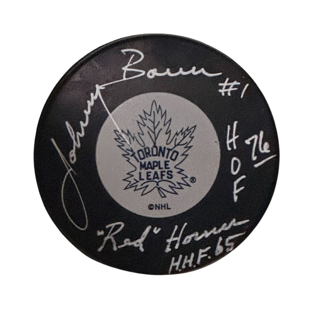 Johnny Bower / "Red" Horner Autographed Toronto Maple Leafs Hockey Puck (Small Logo) - Pastime Sports & Games