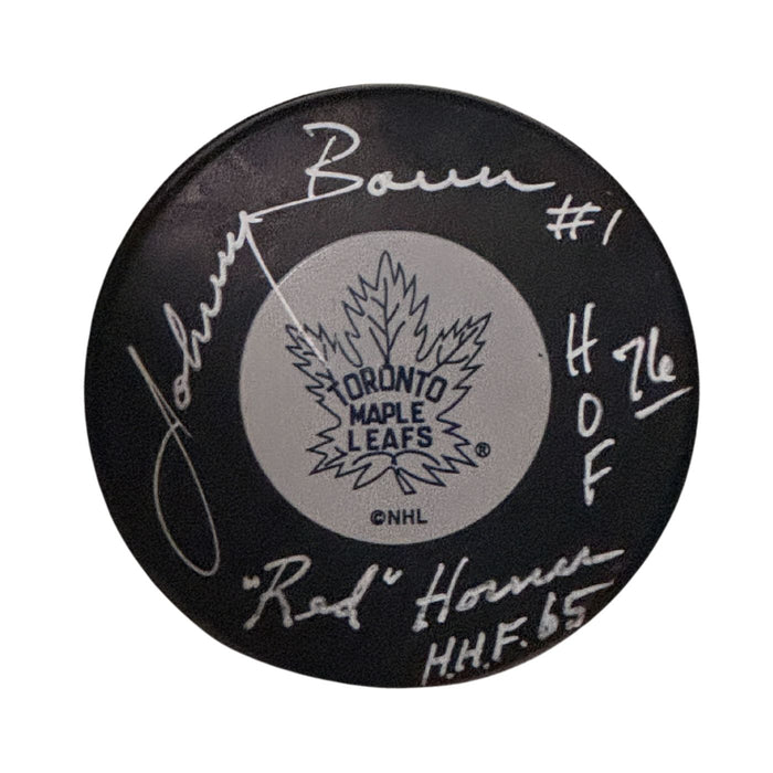 Johnny Bower / "Red" Horner Autographed Toronto Maple Leafs Hockey Puck (Small Logo) - Pastime Sports & Games