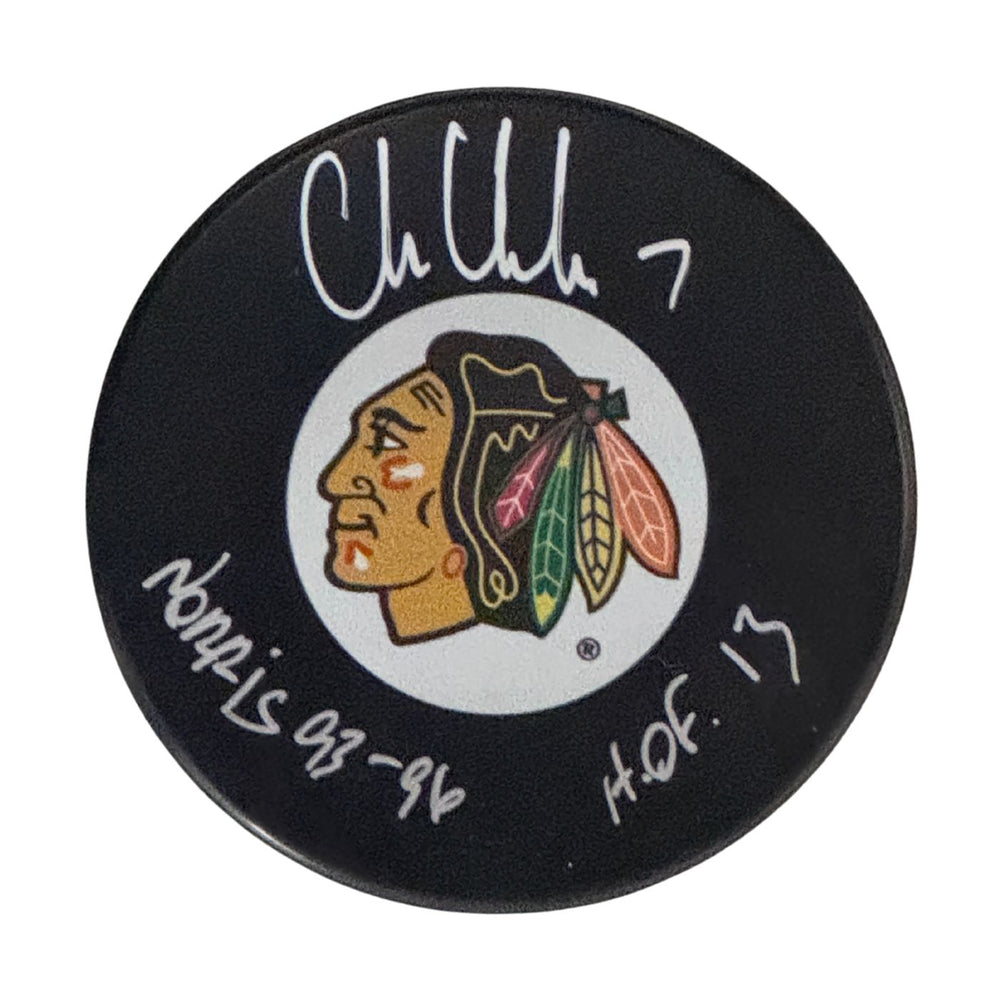 Chris Chelios Autographed Chicago Blackhawks Hockey Puck (Small Logo) - Pastime Sports & Games